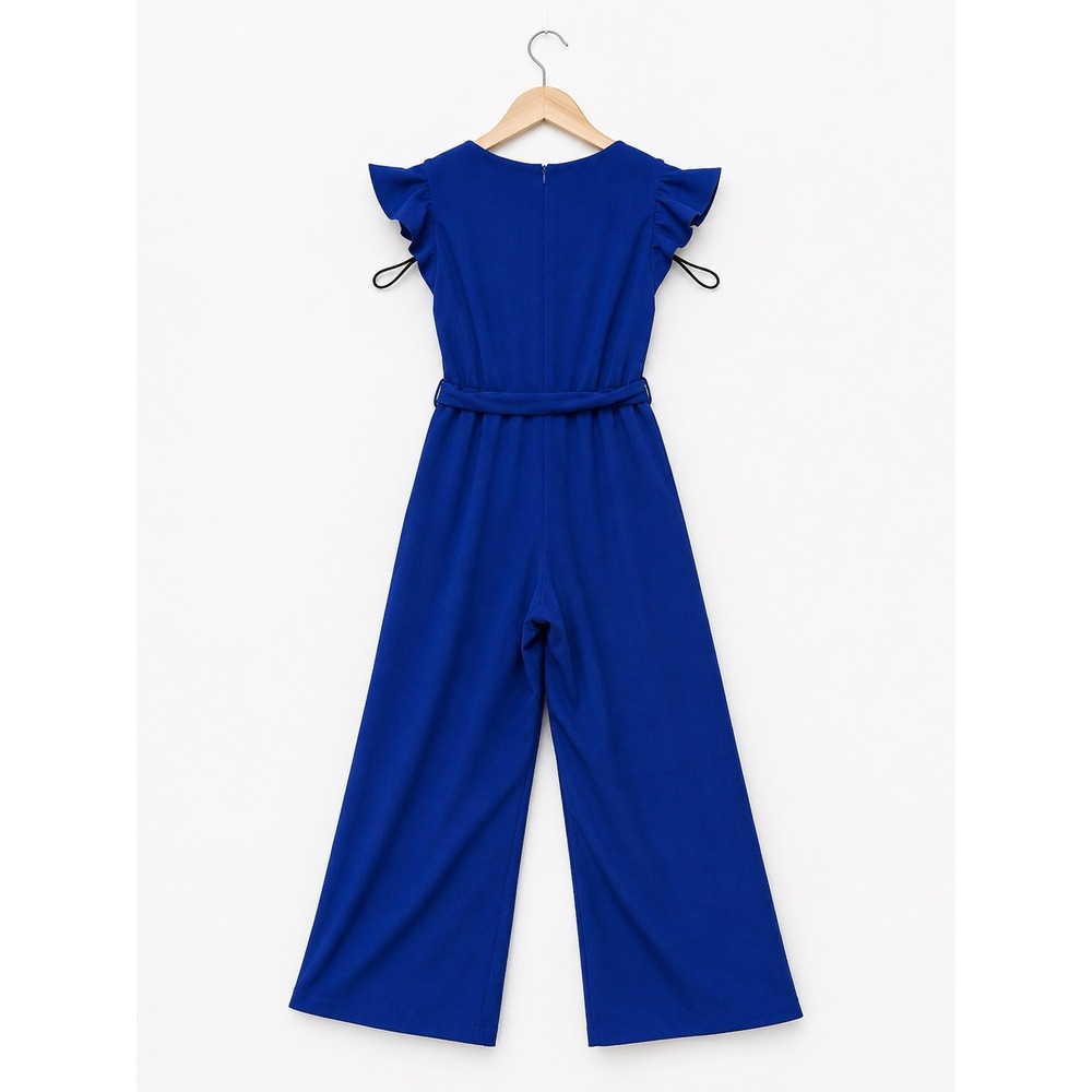T Tahari Royal Blue Flutter Sleeve Wide Leg Jumpsuit Size 10 V-Neck Belted - Picture 2 of 8